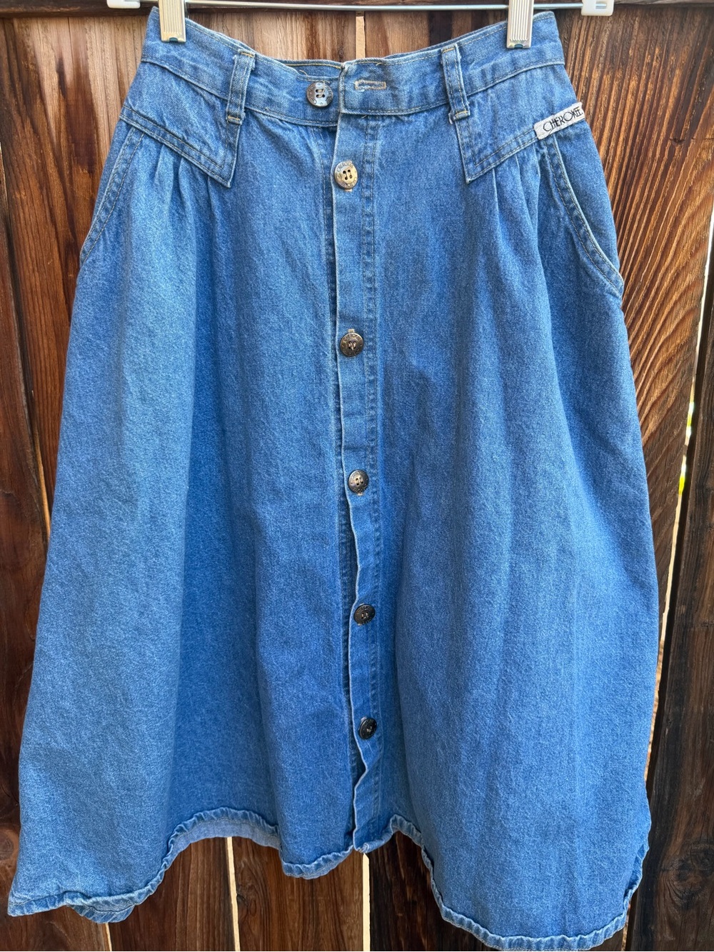 80s Cherokee Denim Midi Skirt High Waisted Button Front Pleated USA